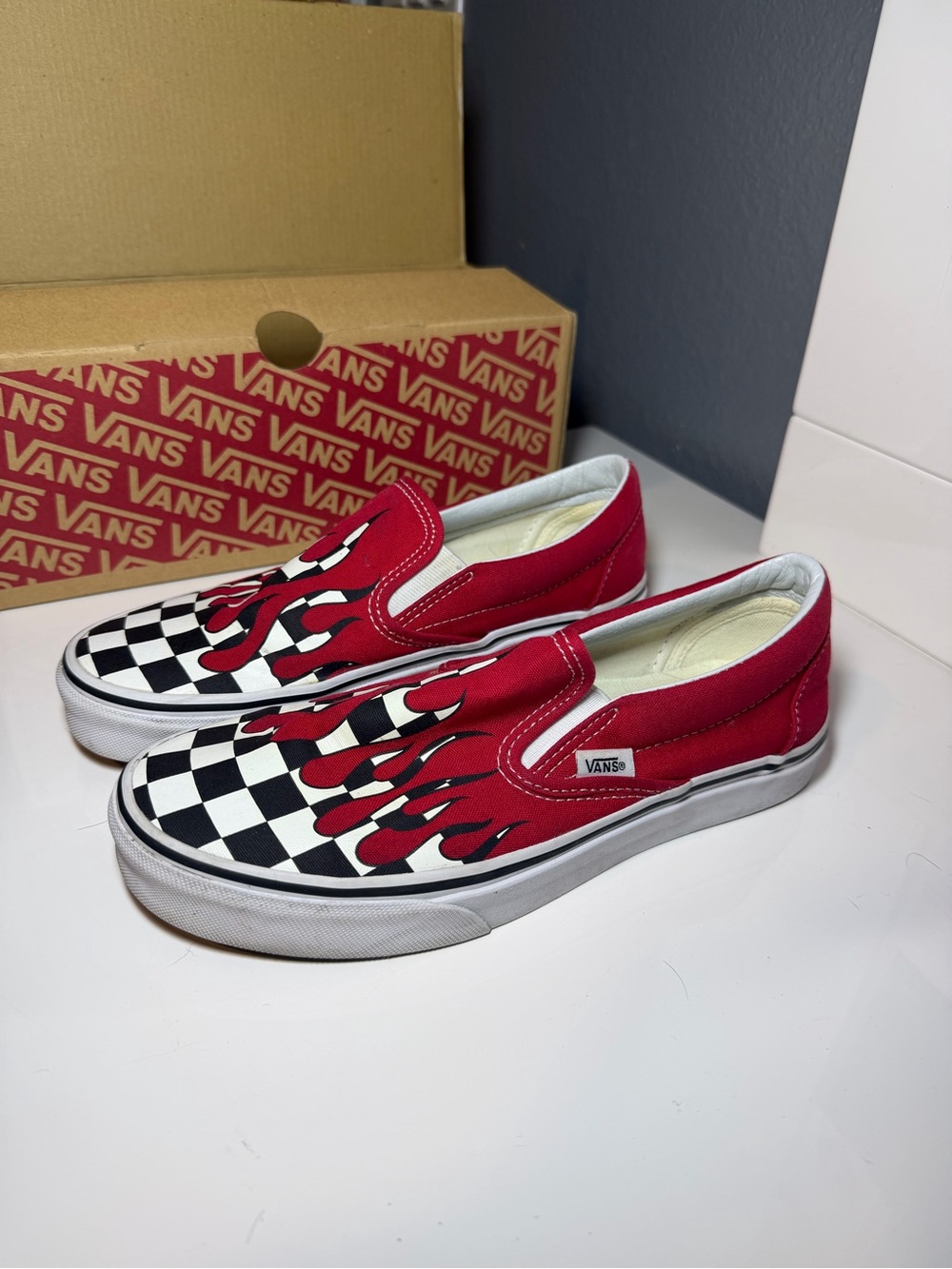 Vans Kids Red Checkerboard Slip-On Sneakers with Flame Graphic - Picture 1 of 5